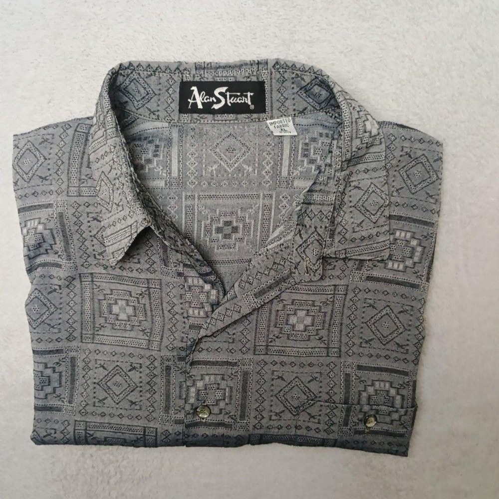 Vintage Alan Stuart Polo Mens XL Gray Geometric Short Sleeve Elastic Waist USA